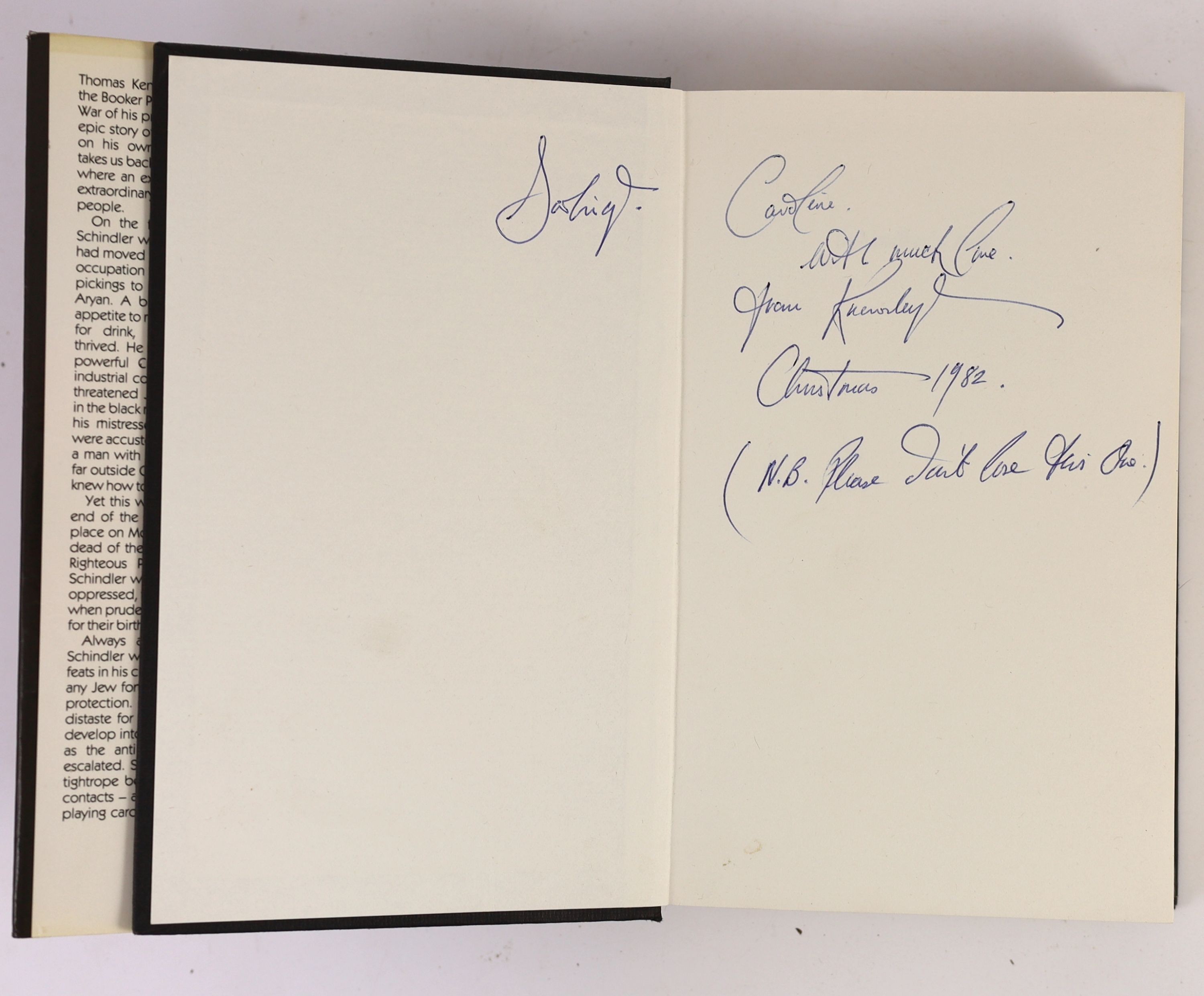 Keneally, Thomas- Schindler’s Ark, 1st edition, 2nd impression, 8vo, cloth, with unclipped d/j, inscribed - ‘’Darling Caroline, with love from Keneally, Christmas 1982 (N.B. Please don’t lose this one)’’, Hodder & Stough